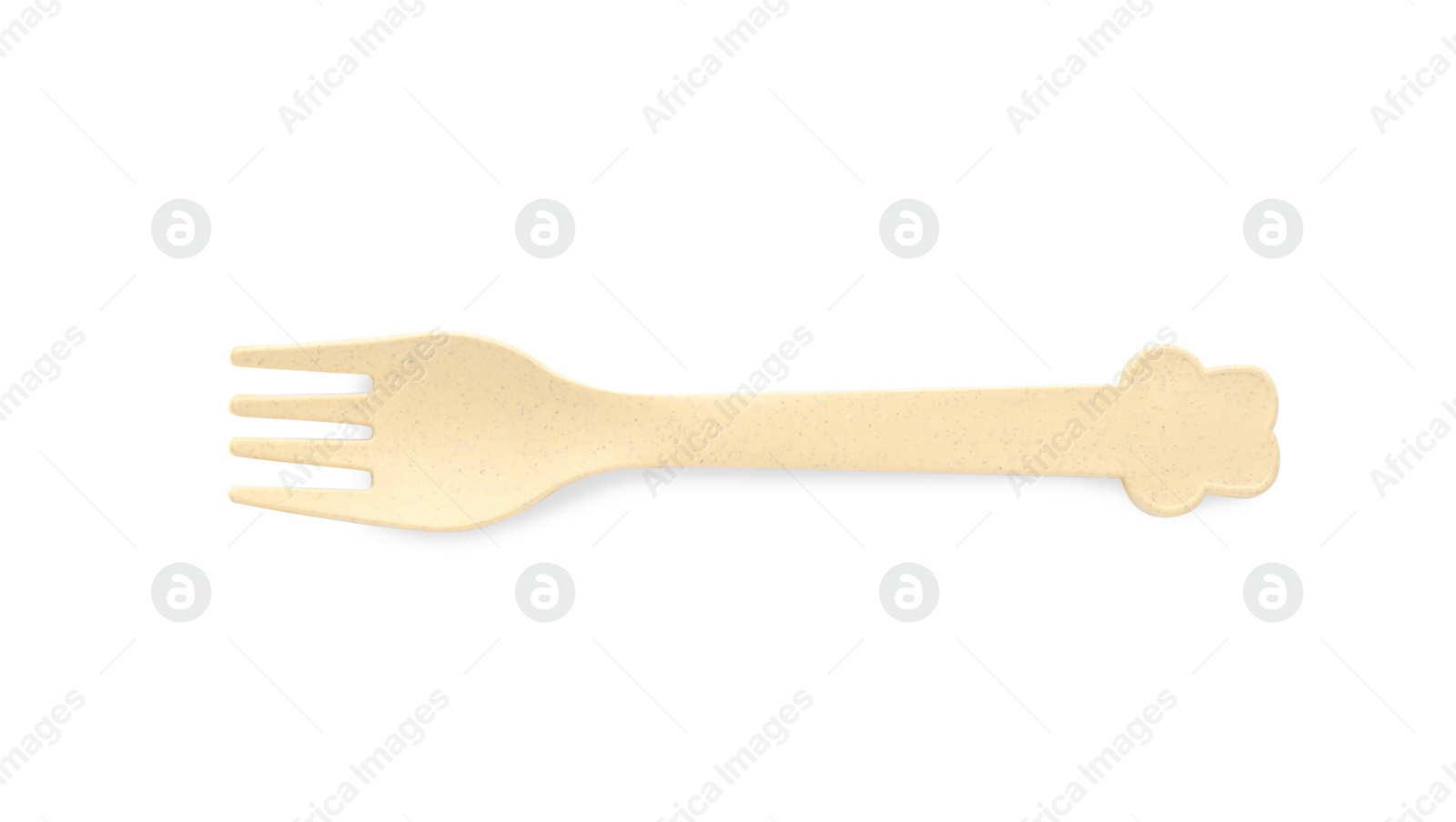 Photo of Plastic fork isolated on white, top view. Serving baby food
