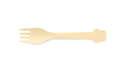 Plastic fork isolated on white, top view. Serving baby food