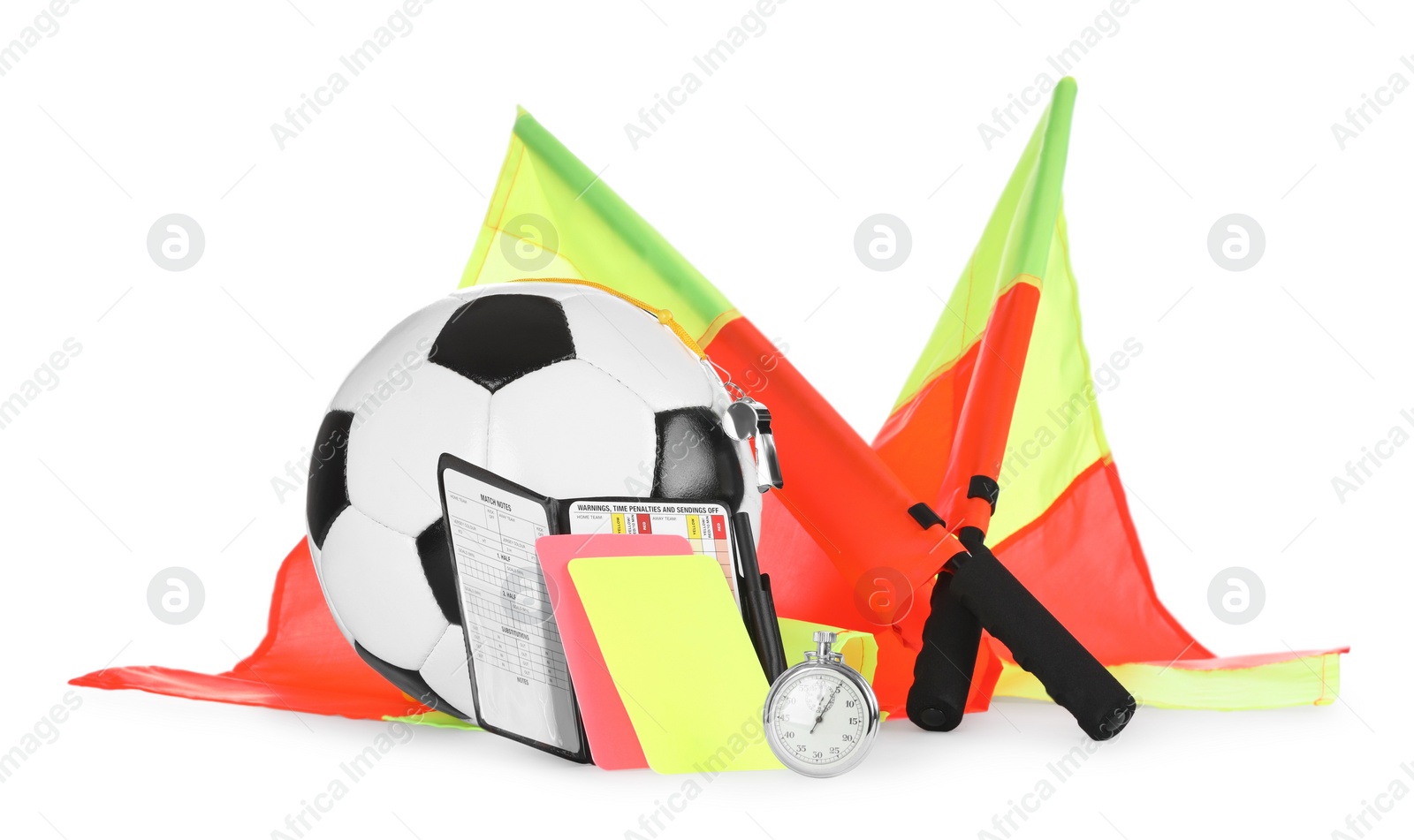 Photo of Football referee equipment. Soccer ball, flags, stopwatch, cards and whistle isolated on white