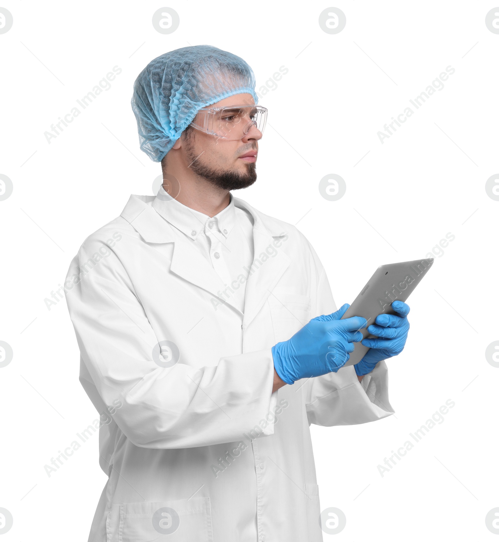 Photo of Quality control. Food inspector with tablet on white background