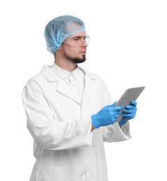 Photo of Quality control. Food inspector with tablet on white background