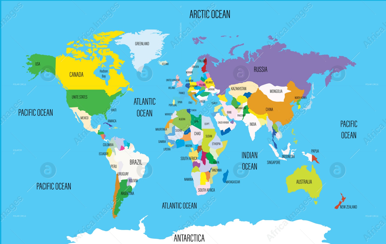 Illustration of World map with names of countries and oceans. Travel agency concept