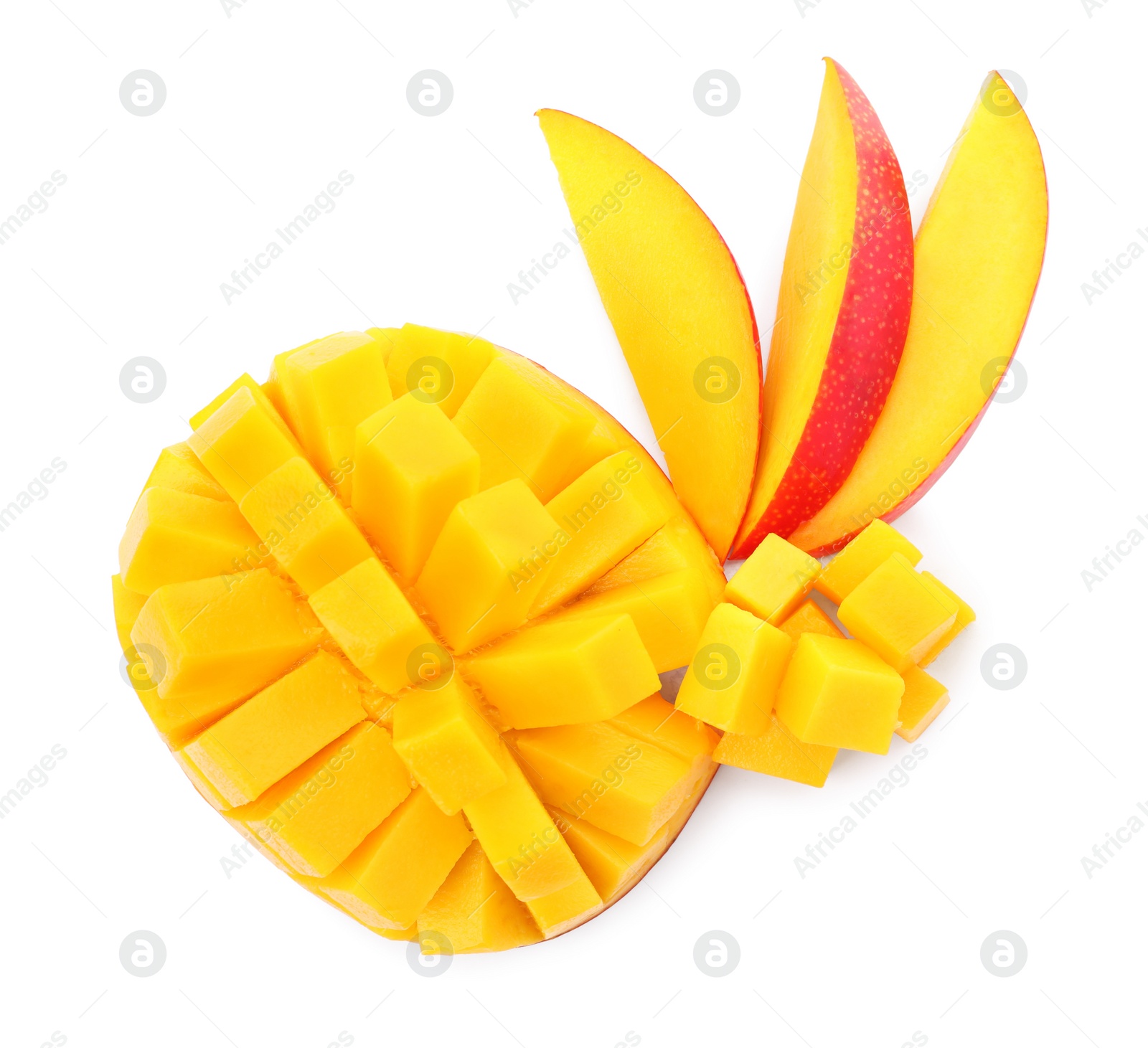 Photo of Cut ripe mango isolated on white, top view. Exotic fruit