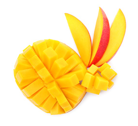 Photo of Cut ripe mango isolated on white, top view. Exotic fruit