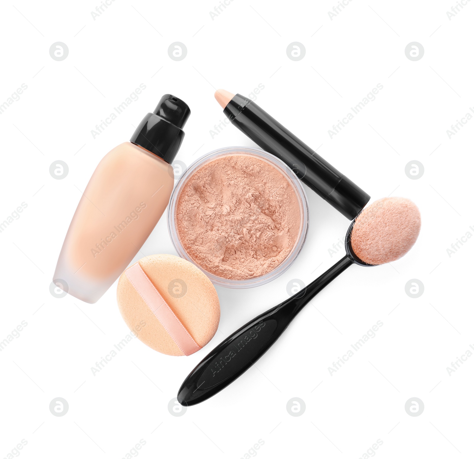 Photo of Composition with skin foundation and powder on white background, top view