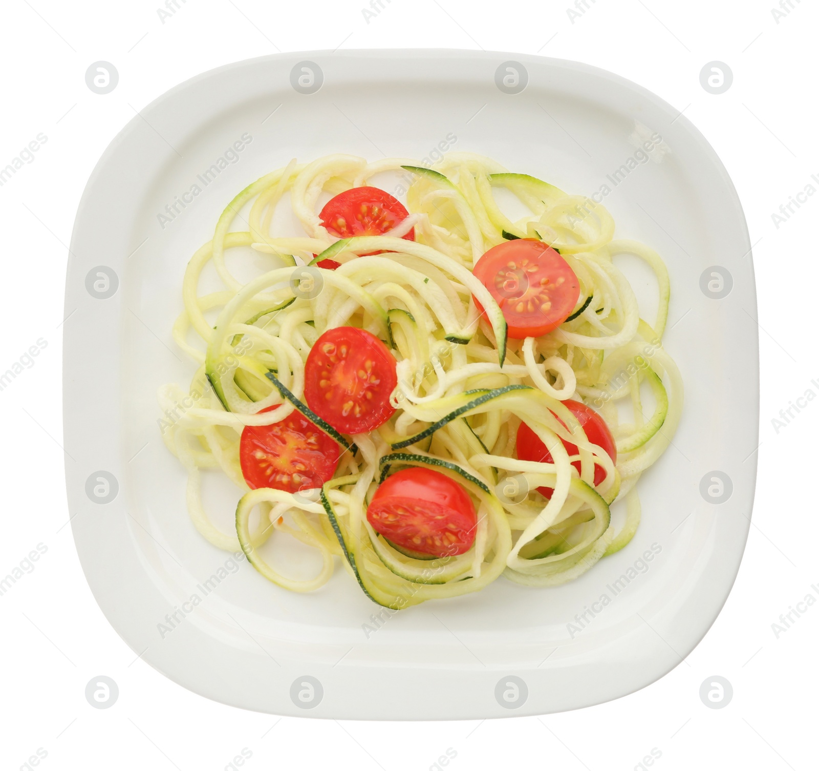 Photo of Delicious fresh zucchini pasta with cherry tomatoes on white background, top view