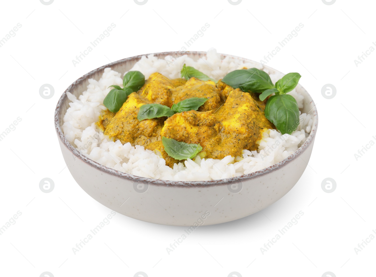 Photo of Delicious rice and chicken with curry sauce isolated on white