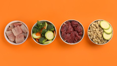 Photo of Feeding bowls with natural pet food on orange background, flat lay
