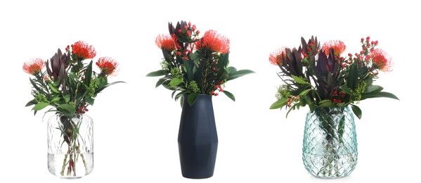 Collage with beautiful flowers in different vases on white background, banner design. Exotic bouquet