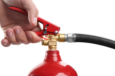 Photo of Man using fire extinguisher on white background, closeup