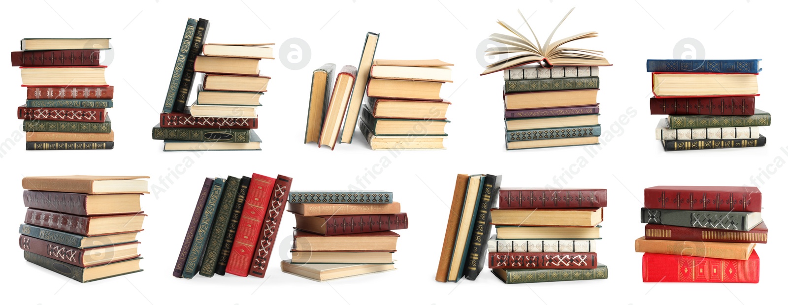 Image of Collection of different hardcover books on white background. Banner design