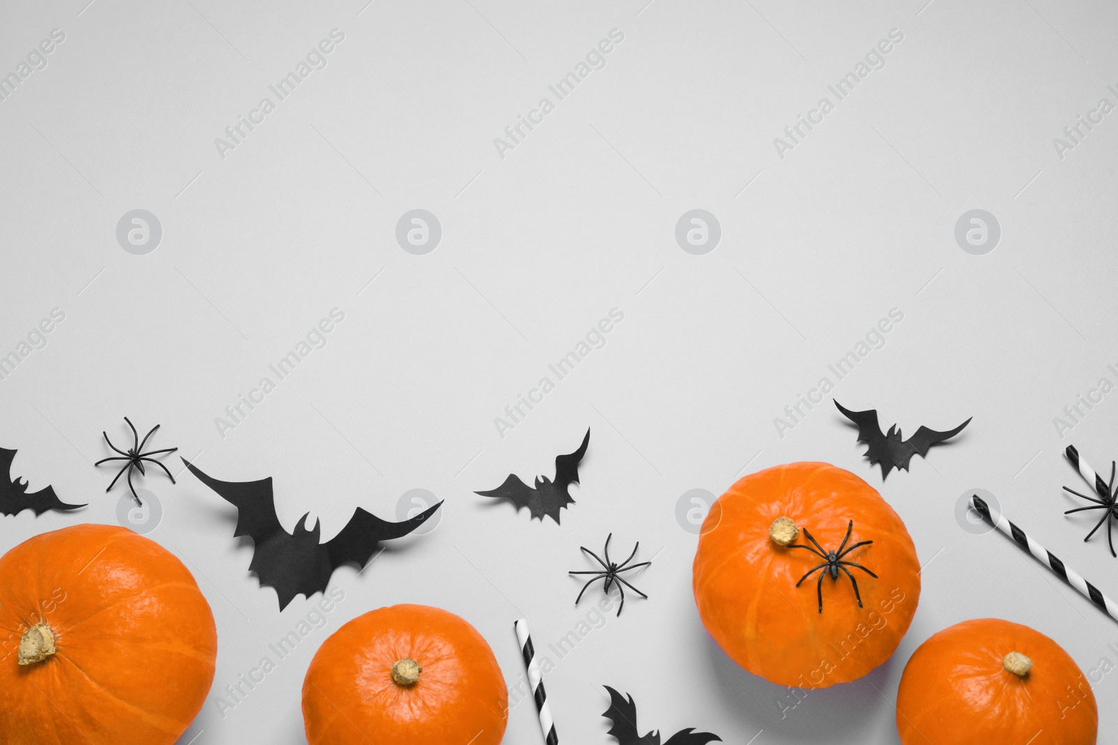 Photo of Flat lay composition with paper bats, spiders, pumpkins and cocktail straws on light grey background, space for text. Halloween decor