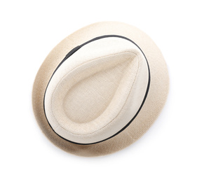 Stylish hat isolated on white, top view. Beach object