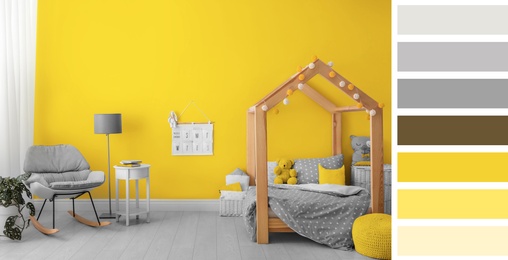 Color of the year 2021. Modern child room interior with stylish furniture, banner design