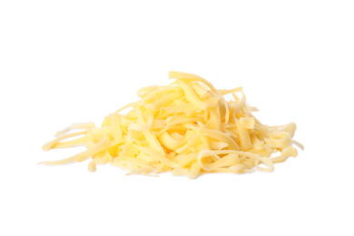 Photo of Pile of grated cheese isolated on white