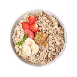 Photo of Tasty boiled oatmeal with strawberry, banana, chia seeds and peanut butter in bowl isolated on white, top view