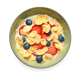 Photo of Corn flakes with berries in bowl isolated on white, top view