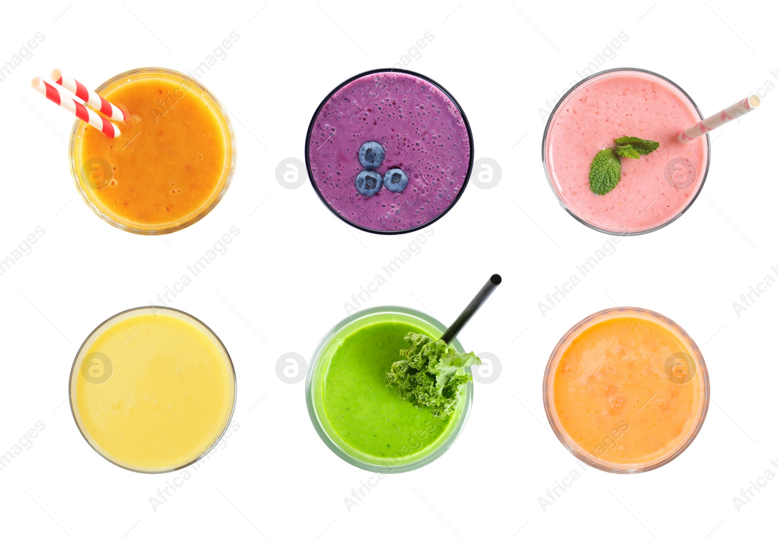 Image of Set of glasses with different protein shakes on white background, top view