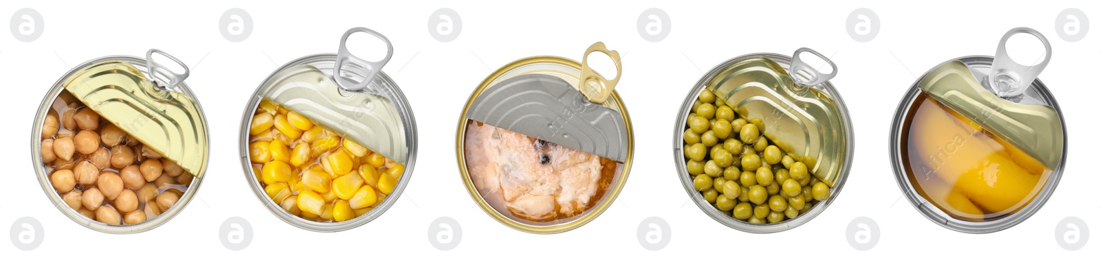 Image of Set of metal cans with different food on white background, top view