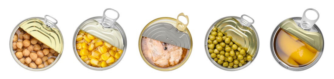 Image of Set of metal cans with different food on white background, top view