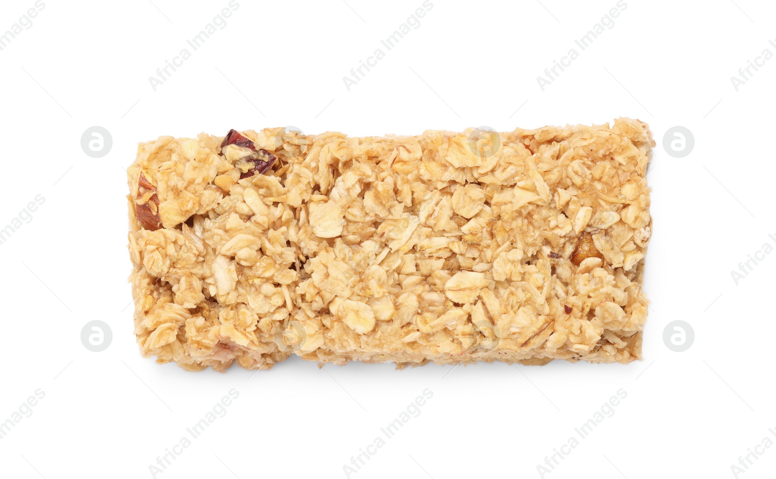 Photo of One tasty granola bar isolated on white, top view