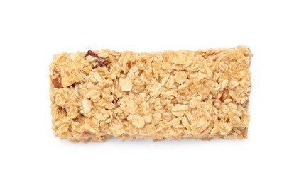 Photo of One tasty granola bar isolated on white, top view