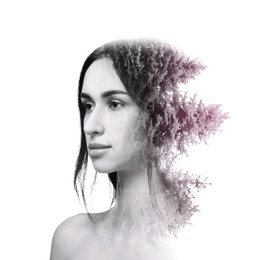 Image of Double exposure of beautiful woman and coniferous trees on white background, color toned