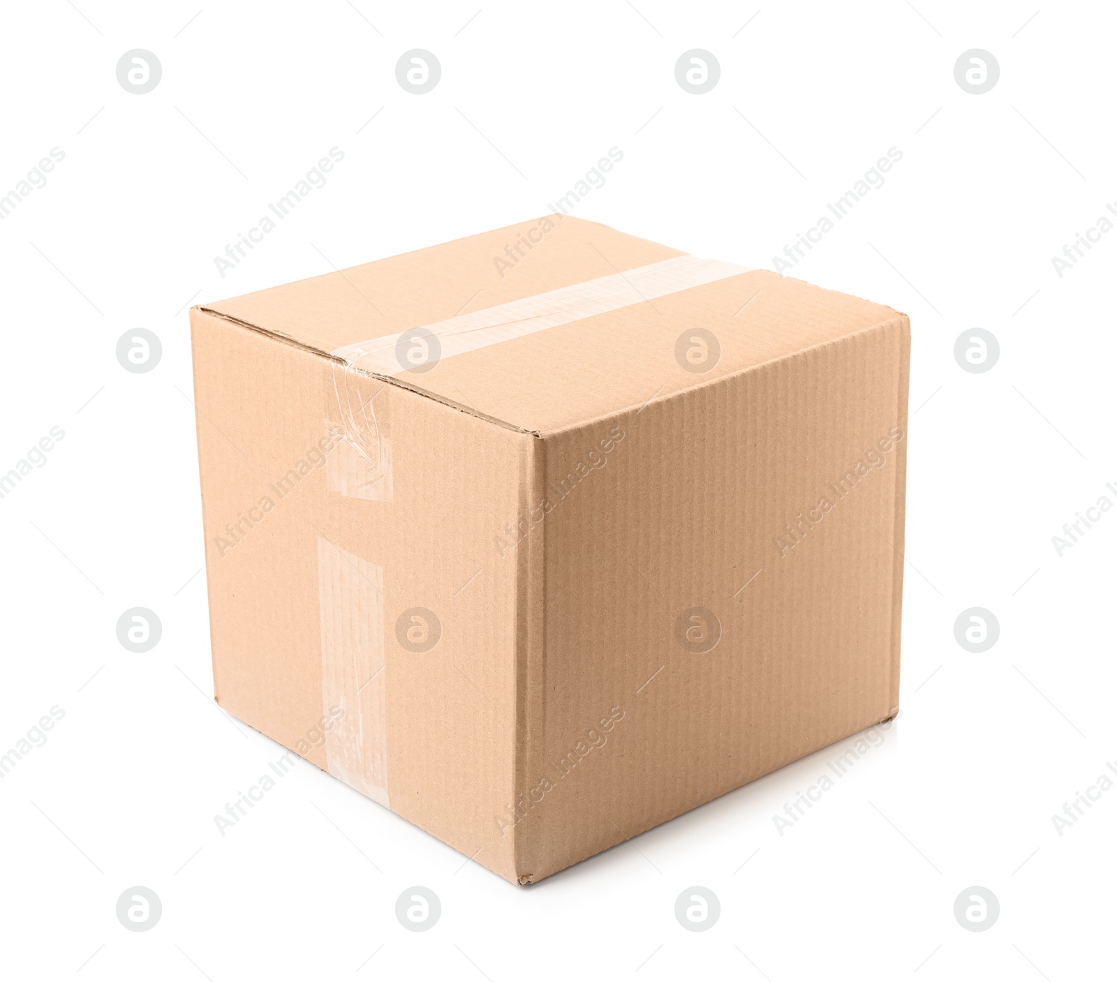 Photo of Closed cardboard box on white background. Mockup for design