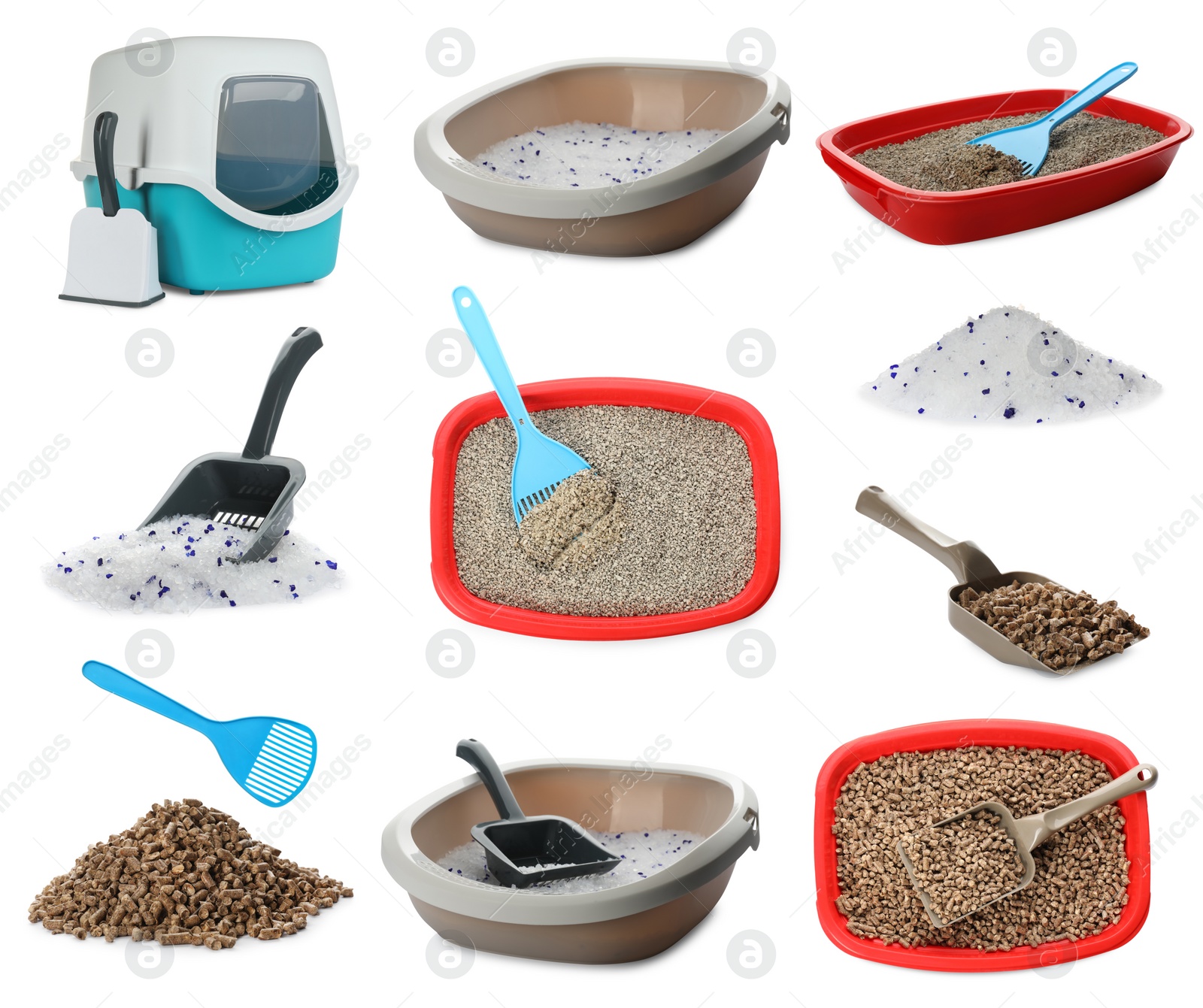 Image of Set with different cat litters, plastic scoops and trays on white background