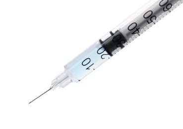 Disposable syringe with needle and medicine isolated on white