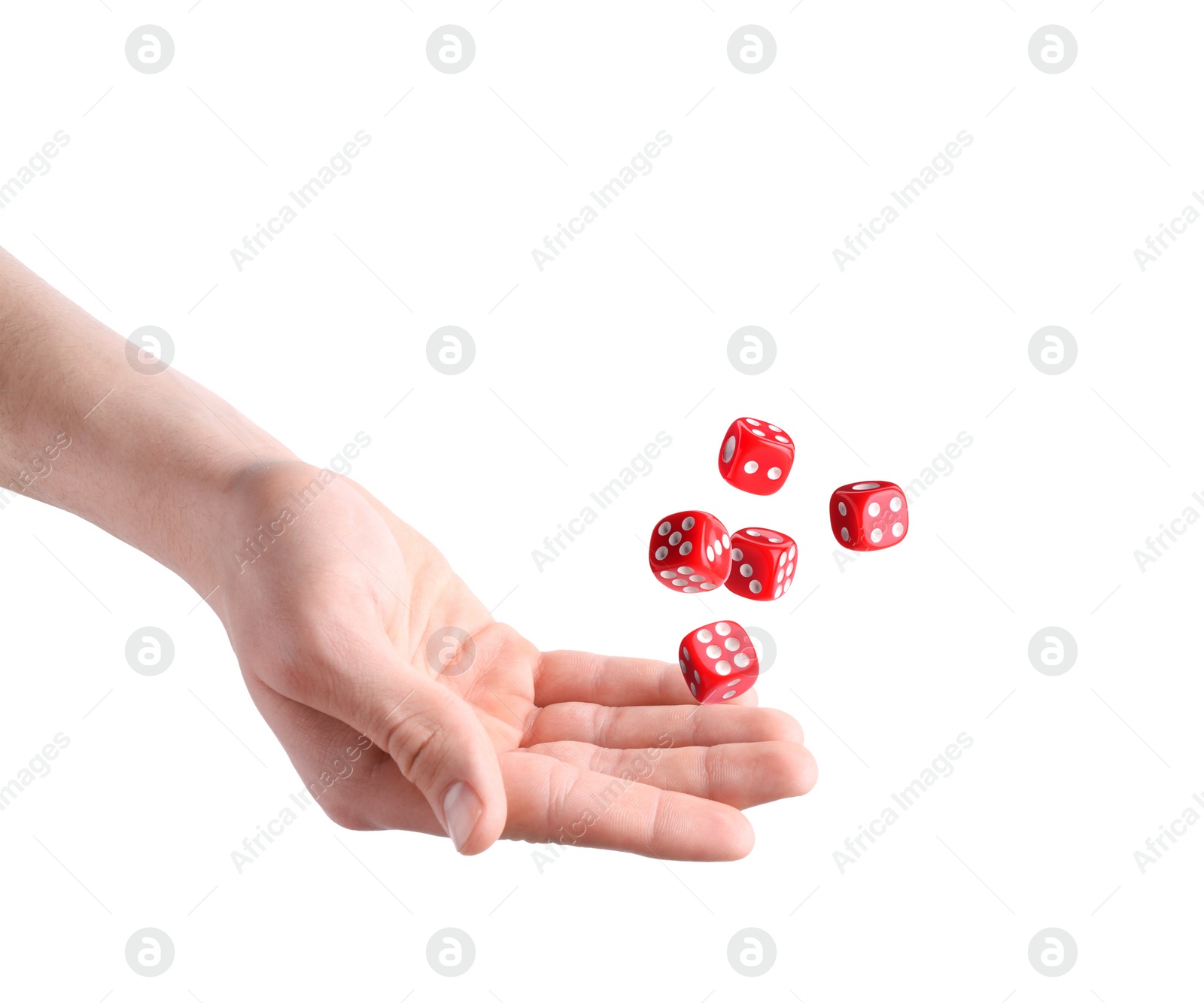 Image of Man throwing red dice on white background, closeup