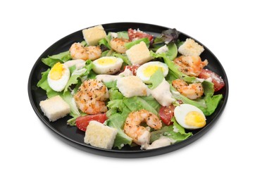Photo of Delicious Caesar salad with shrimps isolated on white