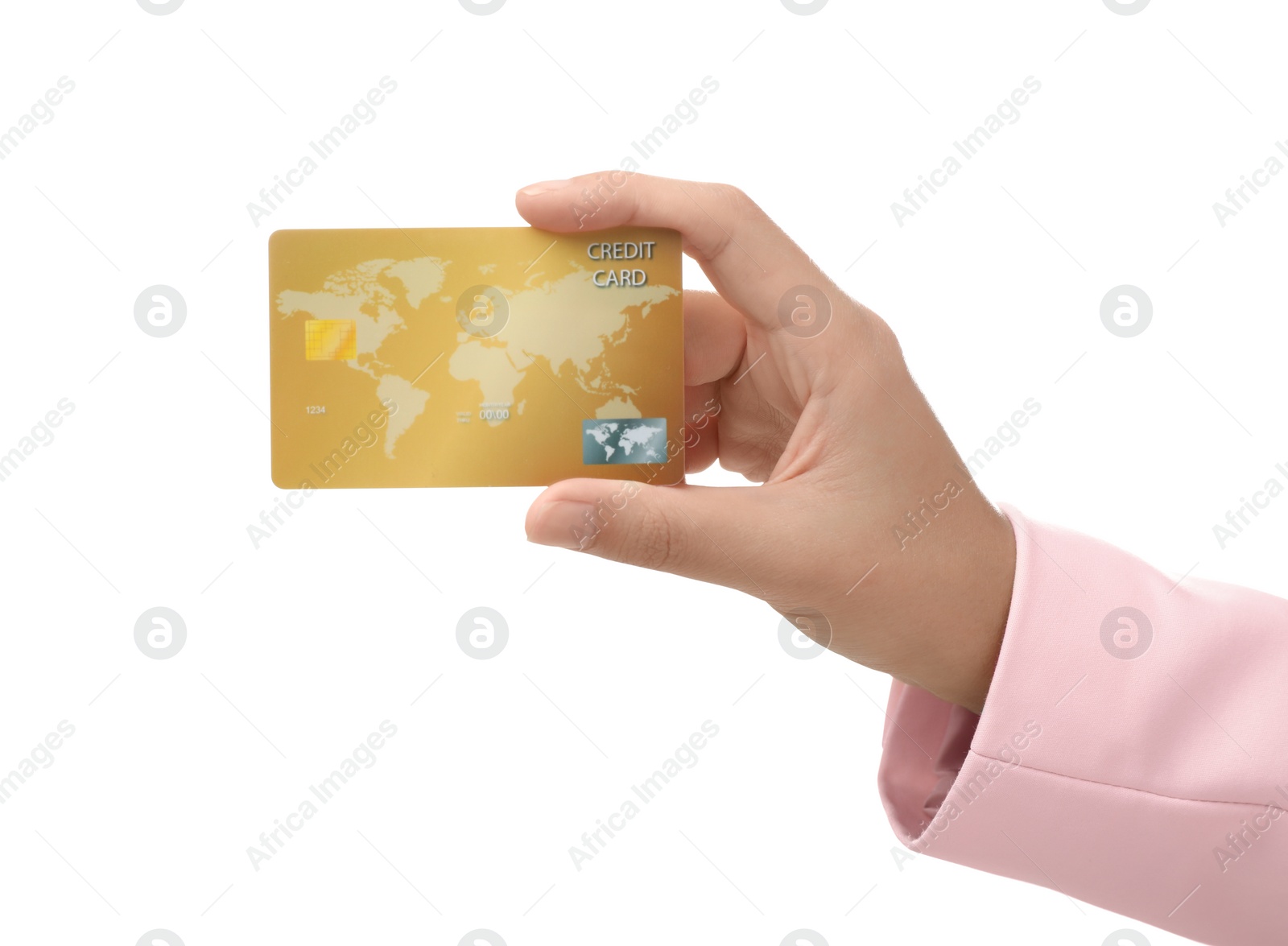 Photo of Woman holding credit card on white background