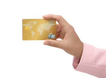 Photo of Woman holding credit card on white background