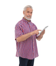 Photo of Senior man using tablet on white background