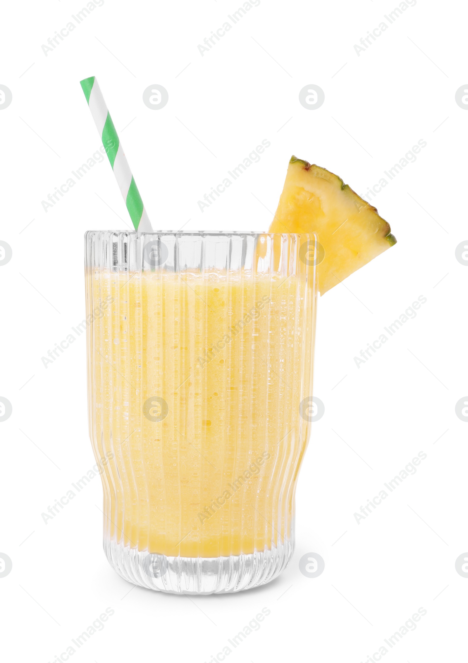 Photo of Glass of tasty pineapple smoothie isolated on white