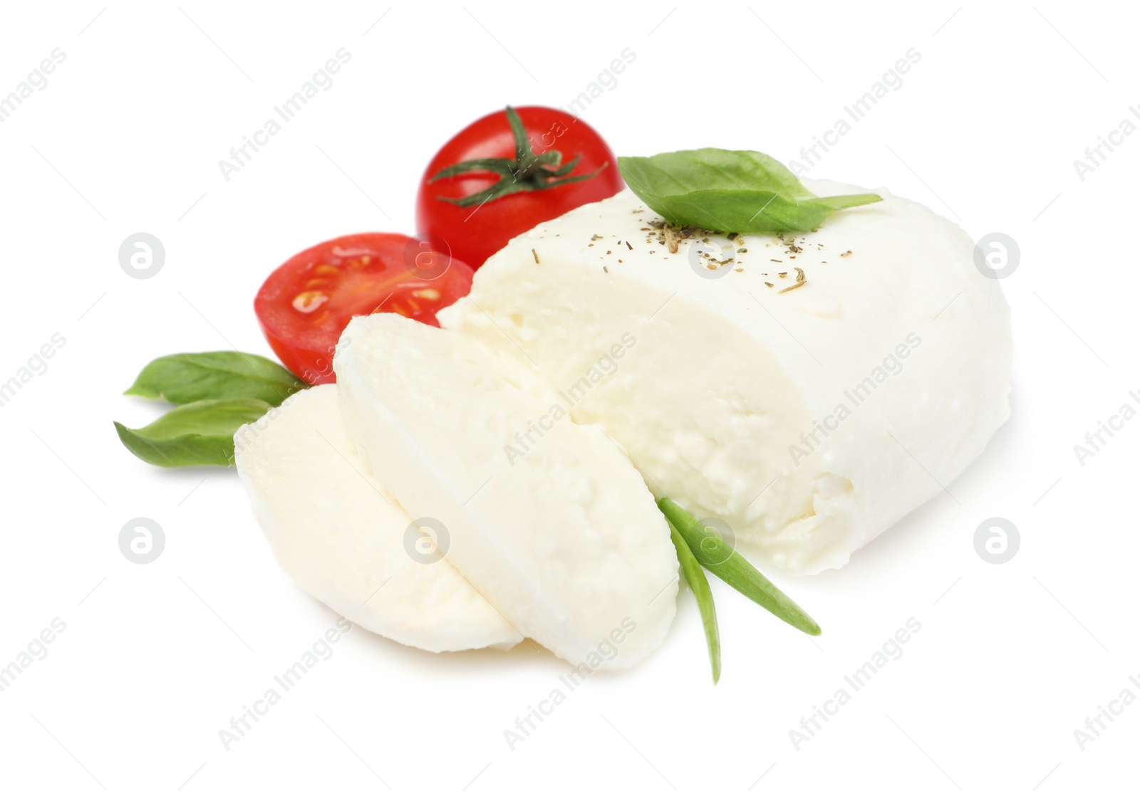 Photo of Delicious mozzarella with tomatoes and basil leaves on white background