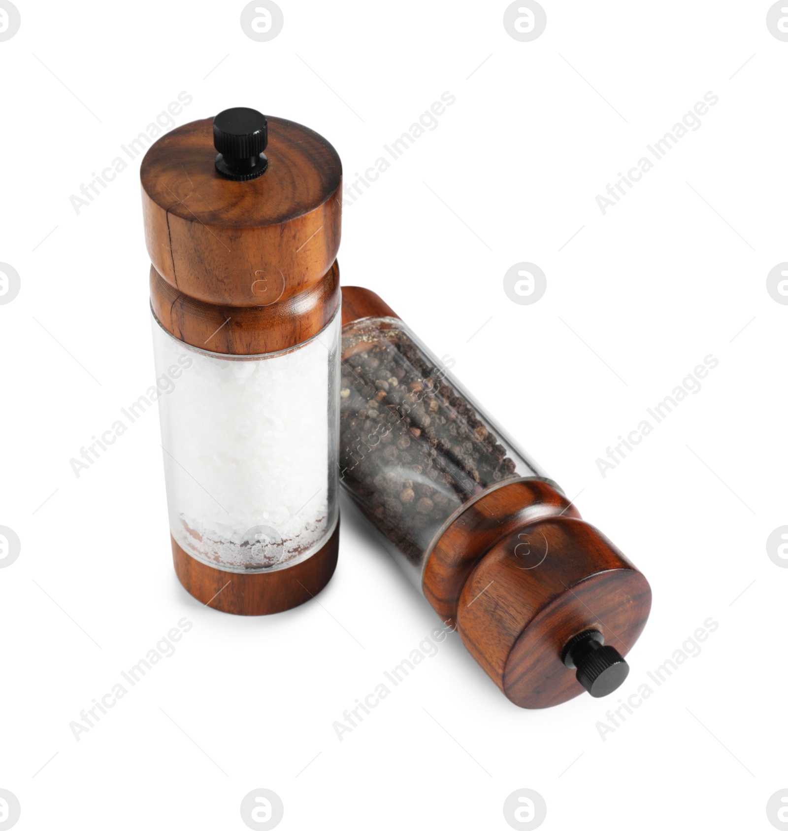 Photo of Salt and pepper shakers isolated on white