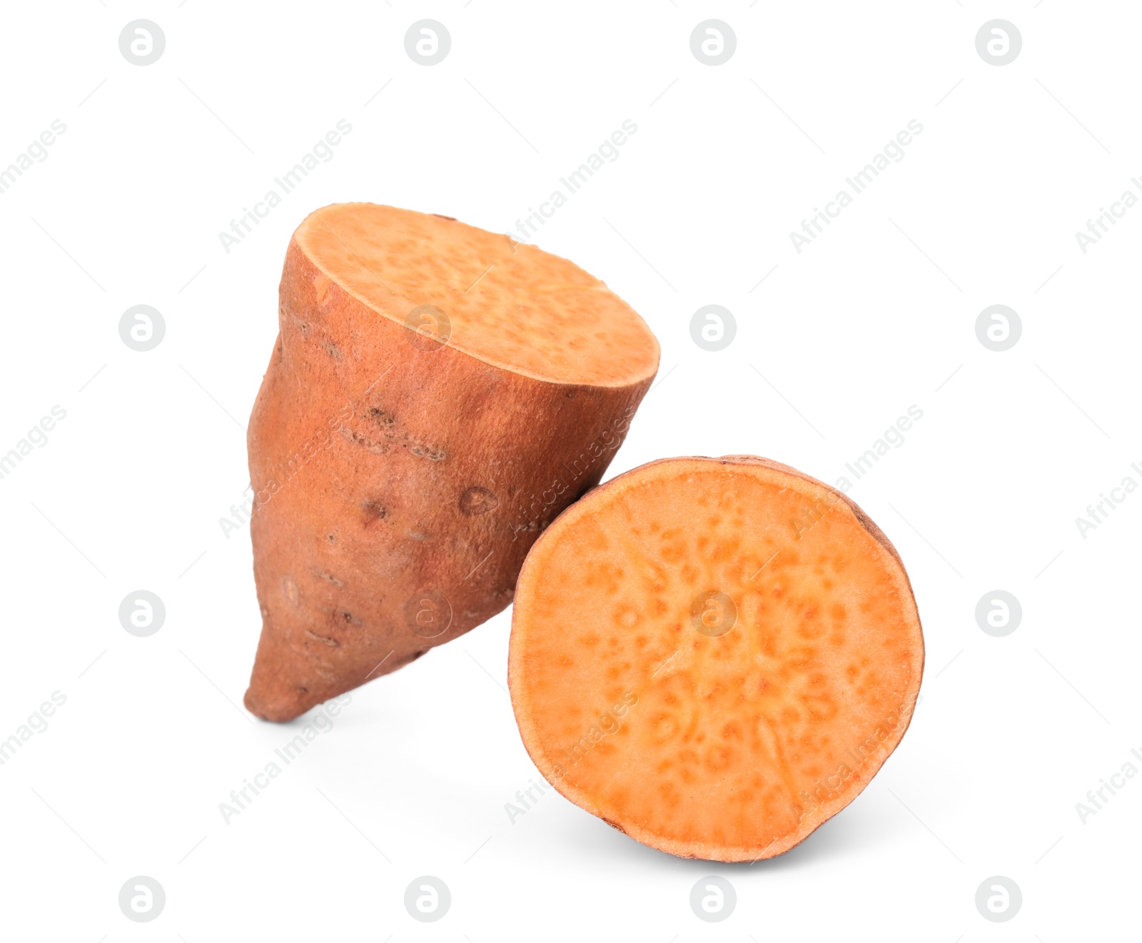 Photo of Cut ripe sweet potato on white background