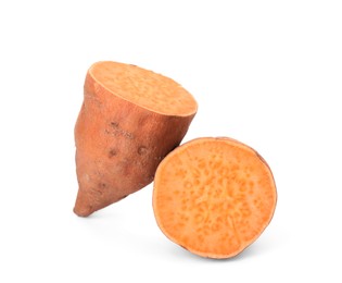 Cut ripe sweet potato on white background
