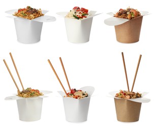 Image of Set with boxes of tasty wok noodles on white background