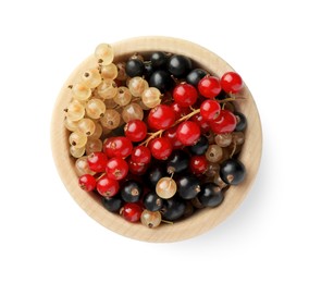 Photo of Bowl with fresh red, white and black currants isolated on white, top view