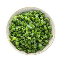 Photo of Bowl of cut green onion on white background, top view