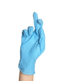 Photo of Doctor in medical glove keeping fingers crossed on white background