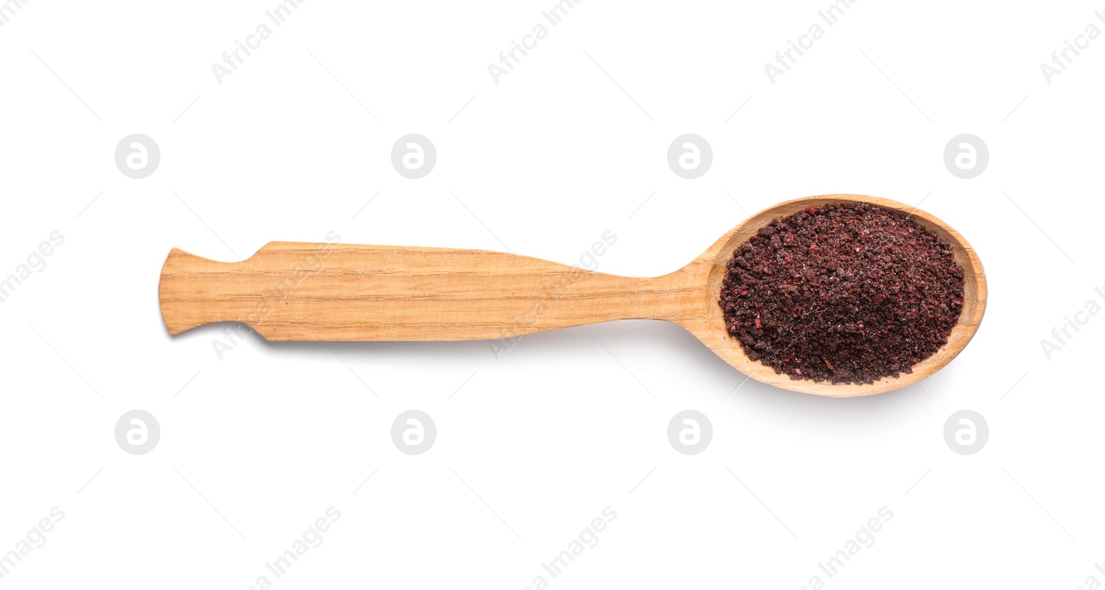 Photo of Wooden spoon with sumac on white background. Different spices