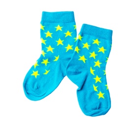 Pair of cute child socks on white background, top view