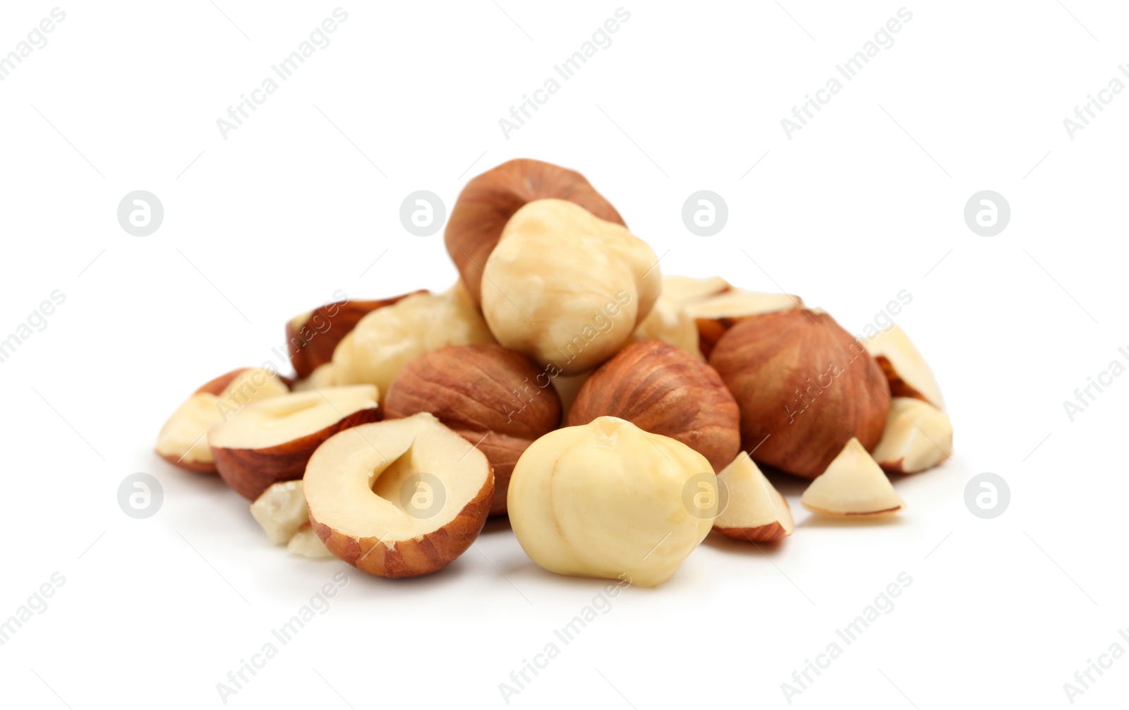 Photo of Heap of tasty hazelnuts on white background