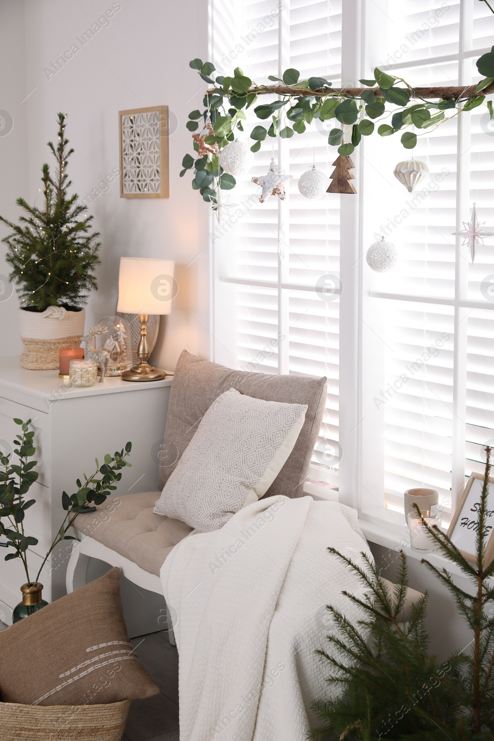 Photo of Beautiful room interior decorated for Christmas with potted firs