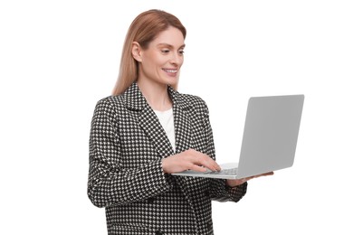 Beautiful happy businesswoman using laptop on white background