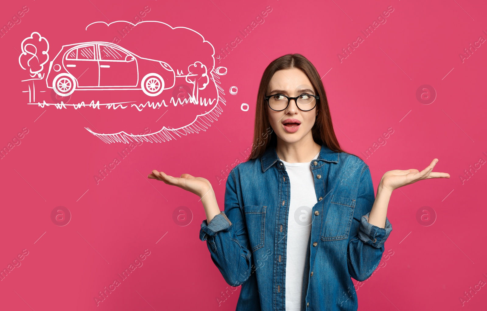 Image of Car buying. Woman dreaming about auto on pink background